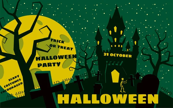 Sfondo Halloween con semeteria e scheletro, castello infestato, casa e luna piena. Modello di poster, volantino o invito per la festa di Halloween. Retro, illustrazione vettoriale . — Vettoriale Stock