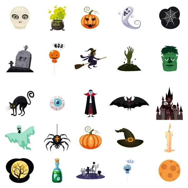 Conjunto de objetos y personajes relacionados con Halloween. Conjunto de iconos de Halloween para su diseño. Diseño de dibujos animados. Símbolos Halloween. Vector aislado — Vector de stock