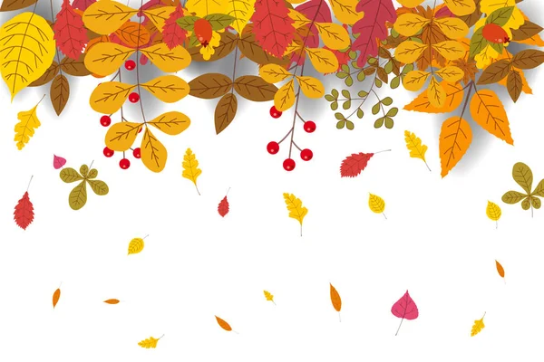 Hallo Herbst, Rabattsaison, Hintergrund mit fallenden Blättern, gelb, orange, braun, Herbst, Schriftzug, Vorlage für Plakat, Banner, Vektor, isoliert — Stockvektor