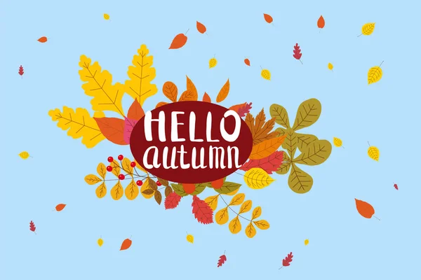 Hola otoño, fondo con hojas que caen, amarillo, naranja, marrón, caída, letras, plantilla para cartel, bandera, vector, aislado — Vector de stock