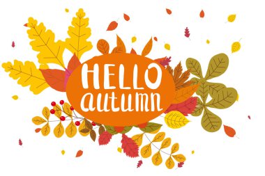 Merhaba Autumn, arka plan düşen yaprakları, sarı, turuncu, kahverengi, sonbahar, yazı, poster, afiş, vektör, için şablon ile izole