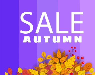 Sonbahar satış, düşen yaprakları, sarı, turuncu, kahverengi, ile arka plan afiş düşmek, yazı, poster, afiş, vektör, izole için şablon