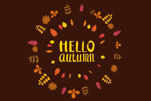 Bonjour Automne, fond avec feuilles tombantes, jaune, orange, brun, automne, lettrage, gabarit pour affiche, bannière, vecteur, isolé — Image vectorielle