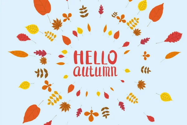 Olá Outono, fundo com folhas caindo, amarelo, laranja, marrom, queda, letras, modelo para cartaz, banner, vetor, isolado —  Vetores de Stock