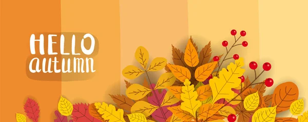 Bannière pour vente d'automne, fond avec feuilles tombantes, jaune, orange, brun, automne, lettrage, modèle pour affiche, bannière, vecteur, isolé — Image vectorielle