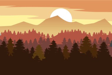 Orman, dağlar, çam ağaçları, köknar, panorama, ufuk, vektör, illüstrasyon, siluetleri izole