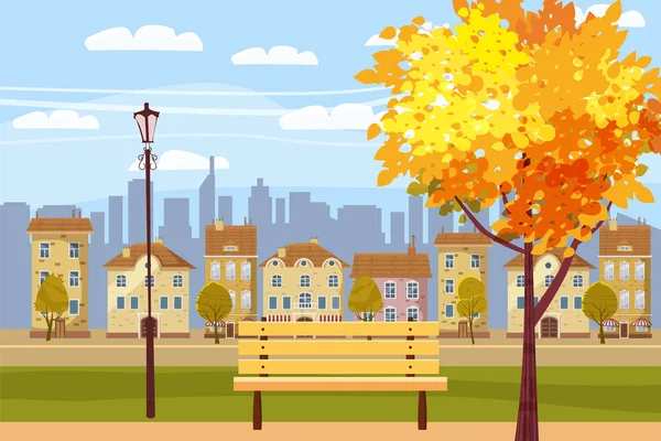 秋天风景在公园, 城市, 房子, 全景, 秋天心情, 木长凳, 下落的叶子, 卡通样式, 载体, 例证, 隔绝 — 图库矢量图片
