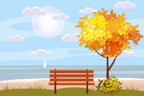 Podzimní krajina na moře, oceán, strom, dřevěné lavice, plachetnice panorama, podzimní náladu, žlutá, červená, oranžová listy, kreslený styl, vektor, ilustrace, izolované — Stockový vektor