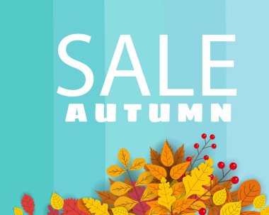 Sonbahar satış, düşen yaprakları, sarı, turuncu, kahverengi, ile arka plan afiş düşmek, yazı, poster, afiş, vektör, izole için şablon