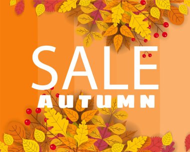 Sonbahar satış, düşen yaprakları, sarı, turuncu, kahverengi, ile arka plan afiş düşmek, yazı, poster, afiş, vektör, izole için şablon