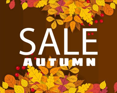 Sonbahar satış, düşen yaprakları, sarı, turuncu, kahverengi, ile arka plan afiş düşmek, yazı, poster, afiş, vektör, izole için şablon