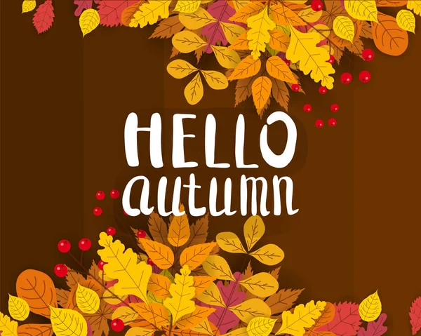 Hello Autumn, background with falling leaves, yellow, orange, brown, fall, lettering, template for poster, banner, vector, isolated — Stock Vector