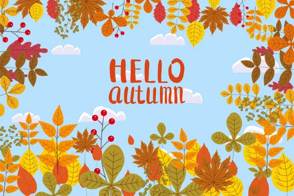 Bonjour Automne, fond avec feuilles tombantes, jaune, orange, brun, automne, lettrage, gabarit pour affiche, bannière, vecteur, isolé — Image vectorielle