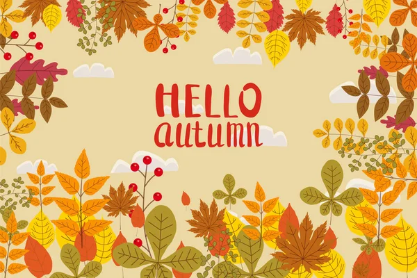 Ciao autunno, sfondo con foglie cadenti, giallo, arancione, marrone, autunno, lettering, modello per poster, banner, vettore, isolato — Vettoriale Stock