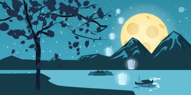 Gece manzara düşen sonbahar ağaç, yaprak, dağ, göl, ay, yıldız, karikatür tarzı, vektör, illüstrasyon izole,