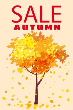 Sonbahar satış, şablon arka plan ağaç düşen yaprakları, sarı, turuncu, kahverengi, düşmek, yazı, poster, afiş, vektör, izole