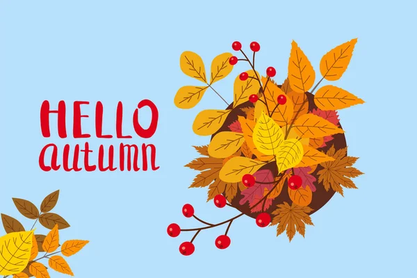 Hola otoño, plantilla con hojas que caen, amarillo, naranja, marrón, caída, letras, para cartel, fondo, bandera, vector, aislado — Vector de stock