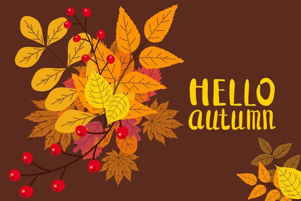 Bonjour Automne, fond avec feuilles tombantes, jaune, orange, brun, automne, lettrage, gabarit pour affiche, bannière, vecteur, isolé — Image vectorielle