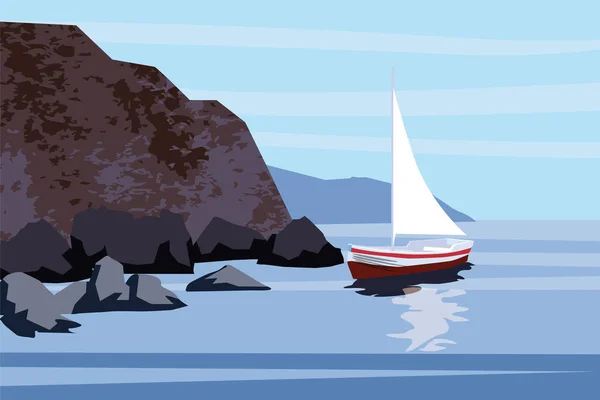 Sea cape, sea, ocean, rocks, stones, sailfish, boat, vector, illustration, isolated — стоковый вектор