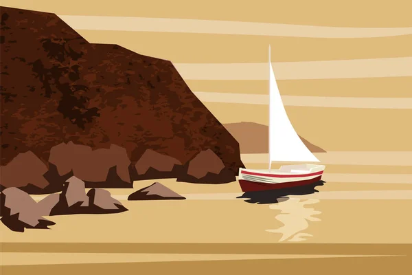 Paisaje marino, mar, océano, rocas, piedras, pez vela, barco, vector, ilustración, aislado — Vector de stock