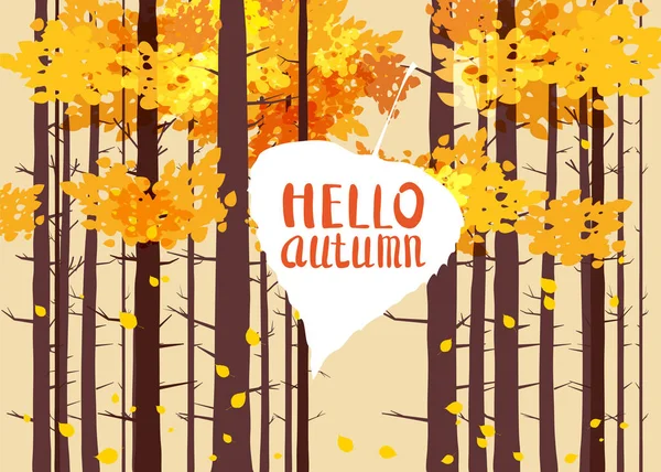 Bonjour automne, lettrage sur une feuille d'automne, automne, fond paysage forêt, troncs d'arbres, gabarit pour bannière, affiche, vecteur, illustration, isolé — Image vectorielle