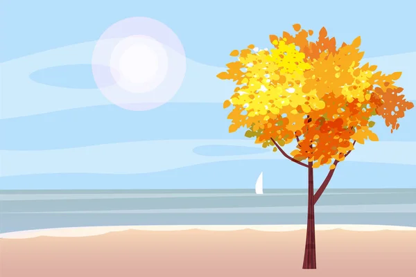 Paesaggio autunnale sul mare, oceano, albero, panorama barca a vela, umore autunnale, giallo, rosso, foglie d'arancio, stile cartone animato, vettore, illustrazione, isolato — Vettoriale Stock