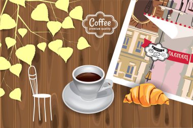 Bir fincan kahve ve iyi sabah metin. Üstten görünüm.