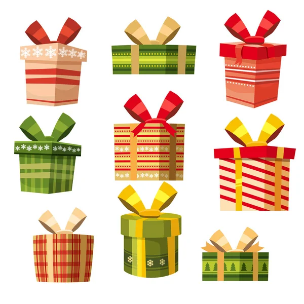Aantal geschenkverpakkingen met cartoon stijl, banner, vector, illustratie — Stockvector
