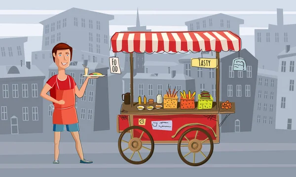 Street Food, Wagen mit dem Verkäufer, Fast Food, Hintergrund Stadtbild, Vektor, Banner, Cartoon-Stil, Illustration — Stockvektor