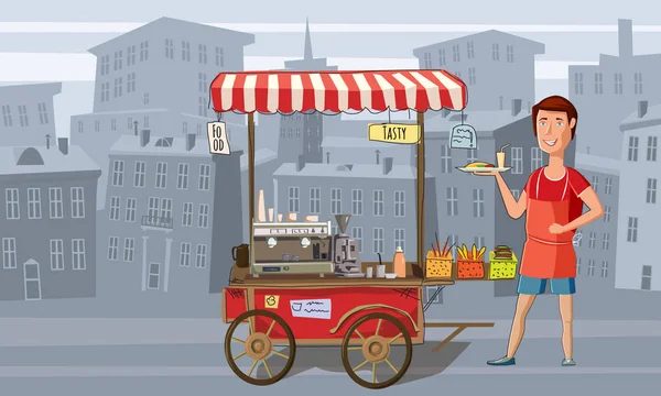 Street food, café, chariot avec le vendeur, fast food, fond de paysage urbain, vecteur, bannière, dessin animé, illustration — Image vectorielle