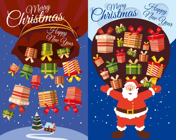 벡터 메리 크리스마스와 새 해 복 많이 인사말 카드 귀여운 산타 클로스 선물, 만화 스타일, 배너, 전단지, 벡터, 삽화와 설정. 산타 클로스 컬렉션. — 스톡 벡터