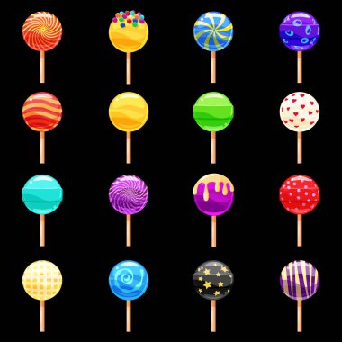 Renkli şekerler, lolipop, karamel, çeşitli parlak renkler kümesi. İzole, tatlılar, vektör, karikatür tarzı