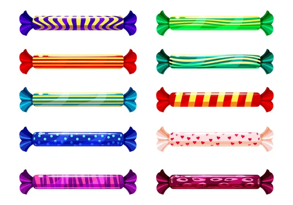 Un conjunto de caramelos de colores, piruleta, caramelo, varios colores brillantes. Dulces, vector, aislado, estilo de dibujos animados — Vector de stock