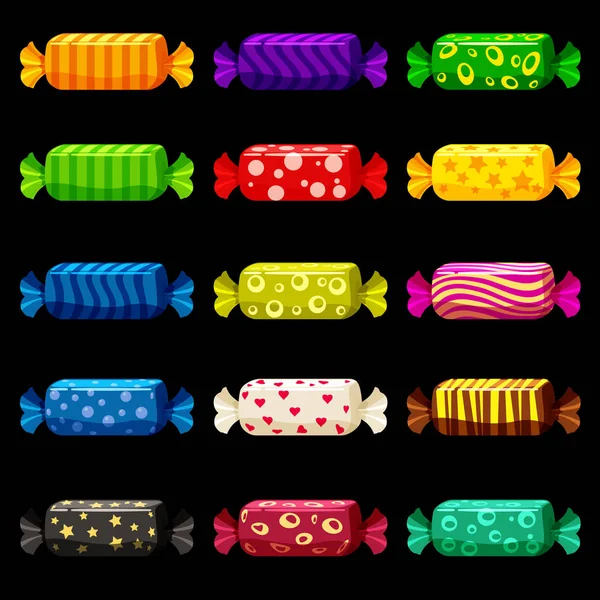 Um grupo de doces coloridos em um pacote festivo brilhante de várias cores brilhantes. Doces, vetor, isolado, estilo cartoon —  Vetores de Stock