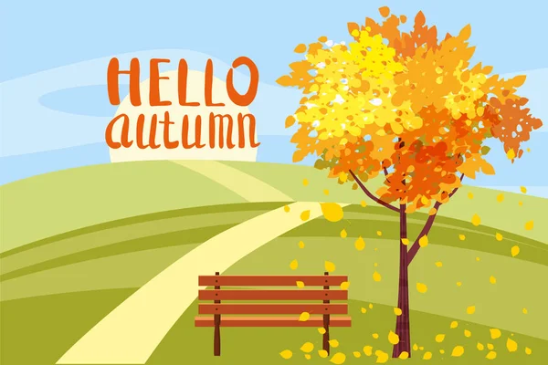 Autumn landscape, Hello autumn letterung, tree with fallen leaves, wooden bench, panorama, autumnal mood, yellow, red, orange leaves, cartoon style, vector, illustration, isolated