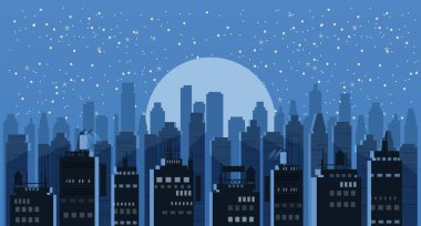 Cityscape gece. Modern şehir siluetinin panoramik vektör arka plan. Kentsel şehir Kulesi gökdelenler manzarası illüstrasyon izole, illüstrasyon