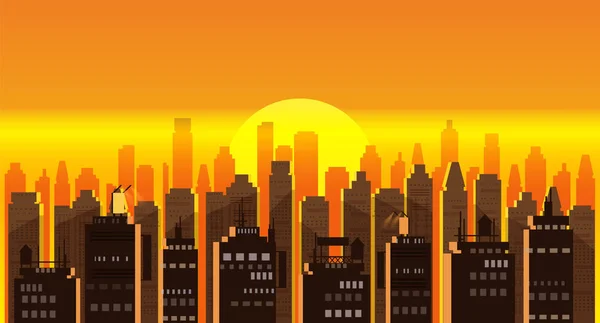 Stadtbild Sonnenuntergang. moderne Skyline der Stadt panoramischen Vektorhintergrund. Stadtturm Wolkenkratzer Skyline Illustration, isoliert, Illustration — Stockvektor