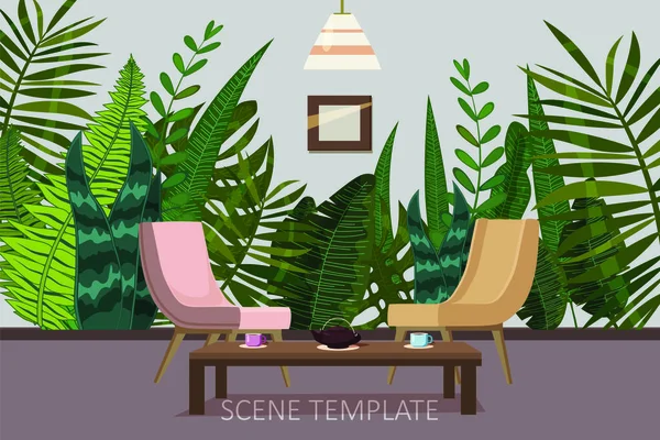 Design șablon interior de camere rezidențiale sau de zi cu fotolii și o masă de ceai pe fundalul tapetului cu o imprimare de plante și frunze tropicale, stil desene animate, izolat, vector — Vector de stoc