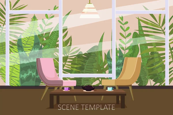 Design șablon interior de camere rezidențiale sau de zi cu fotolii și o masă de ceai pe fundalul ferestrei plante tropicale și frunze, stil desene animate, izolat, vector, ilustrație — Vector de stoc