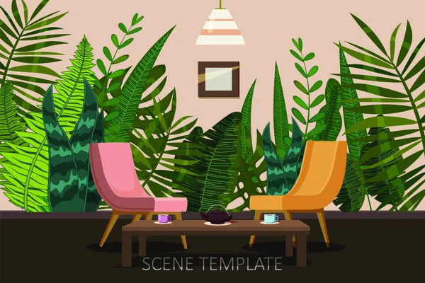 Design șablon interior de camere rezidențiale sau de zi cu fotolii și o masă de ceai pe fundalul tapetului cu o imprimare de plante și frunze tropicale, stil desene animate, izolat, vector — Vector de stoc