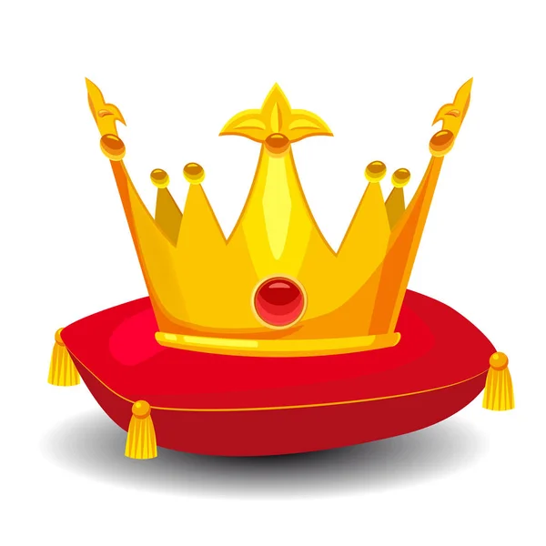 Золотая корона с драгоценными камнями, на красной подушке, в стиле мультфильма, векторная иллюстрация — стоковый вектор