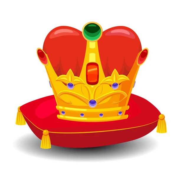 Золотая корона с драгоценными камнями, на красной подушке, в стиле мультфильма, векторная иллюстрация — стоковый вектор
