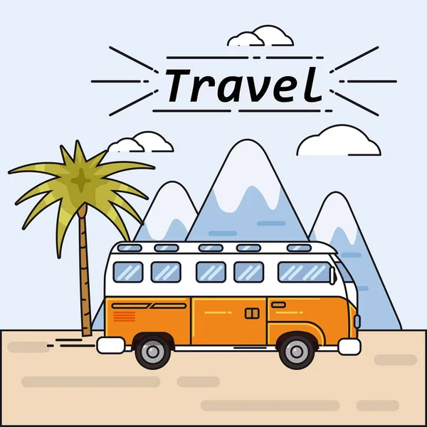 Busz nyári utazás vektor illustratione a nyári szünet. Utazó busz poszter. Palm fnd vountains háttér road trip. Turisztikai koncepció, rajzfilm stílusú — Stock Vector