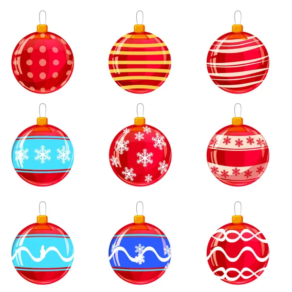 Bunte Weihnachtskugeln mit Ornamenten, verschiedene Farben, isoliert auf weiß. gesetzt. Vektorillustration. — Stockvektor