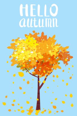 Merhaba sonbahar, yazı, sonbahar ağaç yaprakları, posterler, kartpostallar, davetiyeler, posterler, broşürler, el ilanları için tasarım kartpostal gönderme. Vektör şablonları.