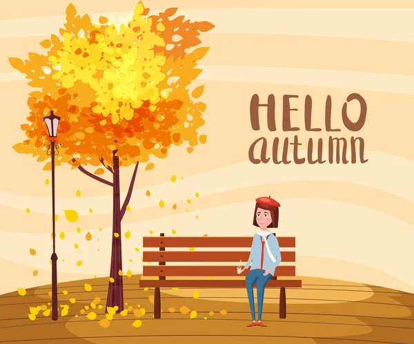 Hello Autumn, счастливая девушка, сидящая на скамейке с чашкой кофе, под деревом с опавшими листьями в парке, наклон, вектор, иллюстрация, изоляция — стоковый вектор