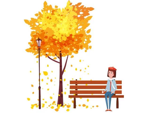 Herbst, glückliches Mädchen sitzt auf einer Bank mit einer Tasse Kaffee, unter einem Baum mit fallenden Blättern in einem Park, Vektor, Illustration, isoliert — Stockvektor