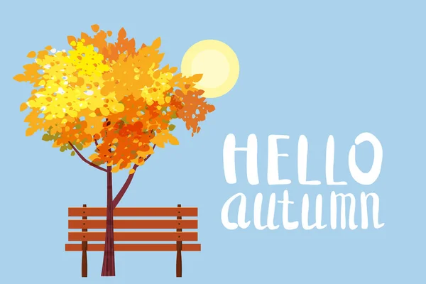 Autumn landscape, Hello Autumn lettering, tree, wooden bench, autumnal mood, yellow, red, orange leaves, cartoon style, vector, illustration, isolated