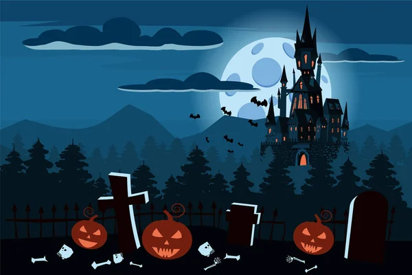 Boldog Halloween tököt a temető, fekete elhagyatott kastély, Borús őszi erdő, panoráma, telihold sötét éjszaka, keresztek és sírkövek, denevérek. Vektor, elszigetelt, üdvözlőlap-ünnep, poszter — Stock Vector