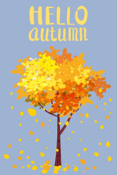 Bonjour Automne, Lettrage, arbre d'automne avec feuilles d'envoi, carte postale pour la conception d'affiches, cartes postales, invitations, affiches, brochures, dépliants. Modèles vectoriels . — Image vectorielle